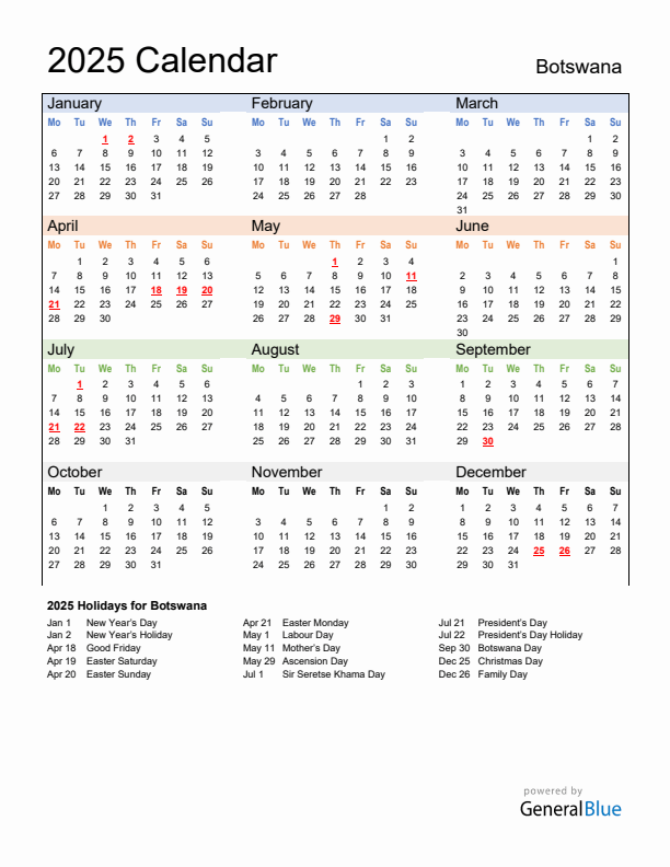 Calendar 2025 with Botswana Holidays