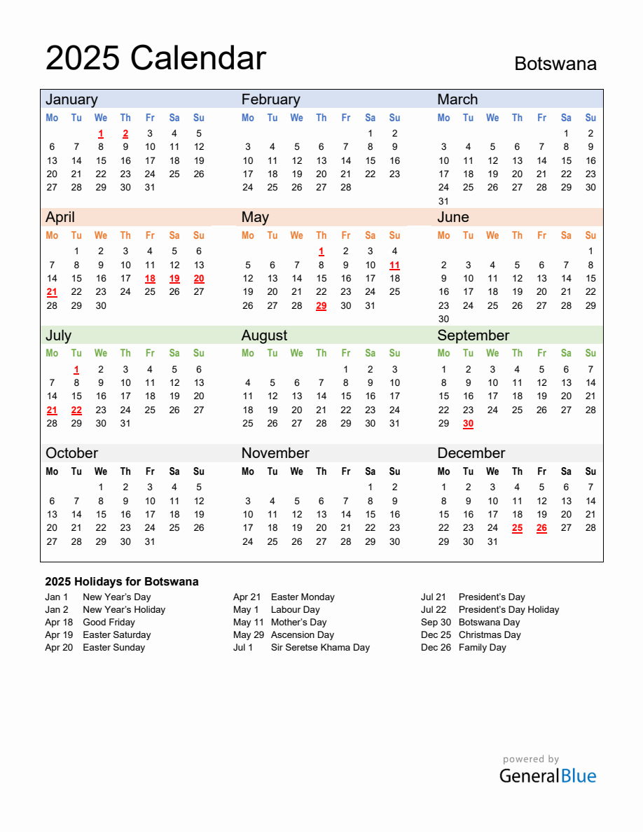 Annual Calendar 2025 with Botswana Holidays