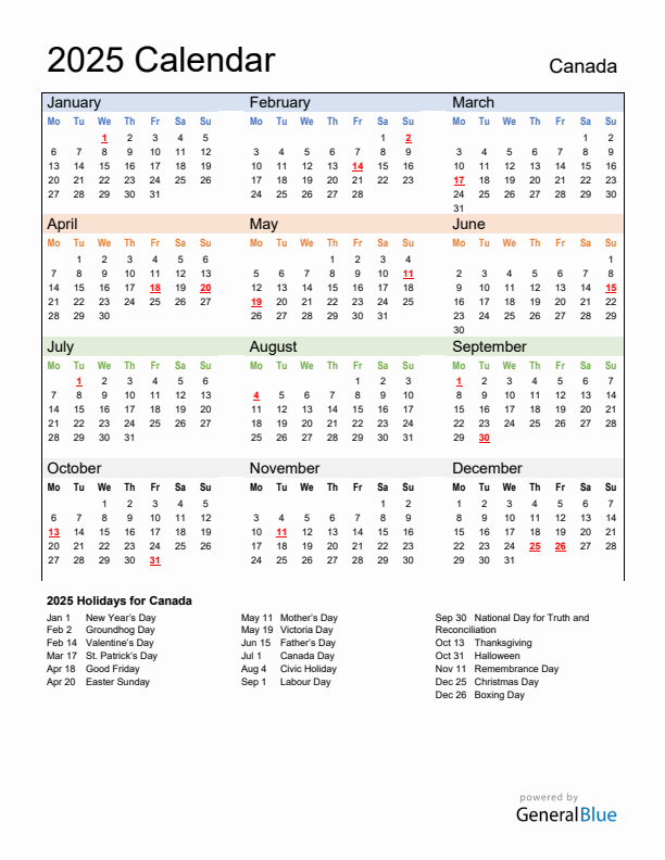 Calendar 2025 with Canada Holidays