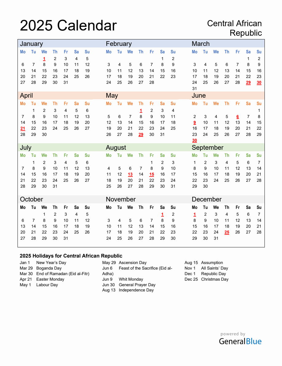 Annual Calendar 2025 with Central African Republic Holidays