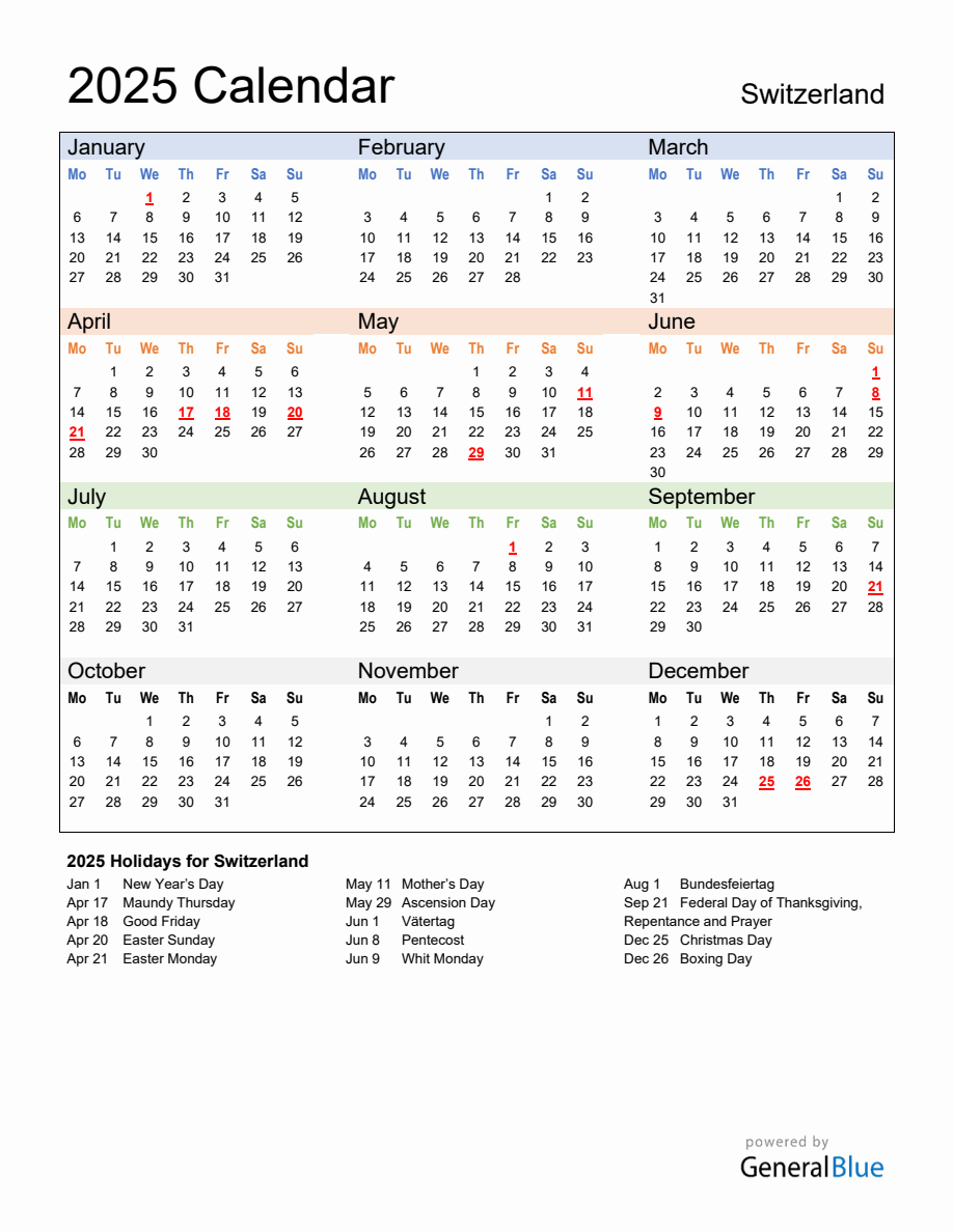 Annual Calendar 2025 with Switzerland Holidays