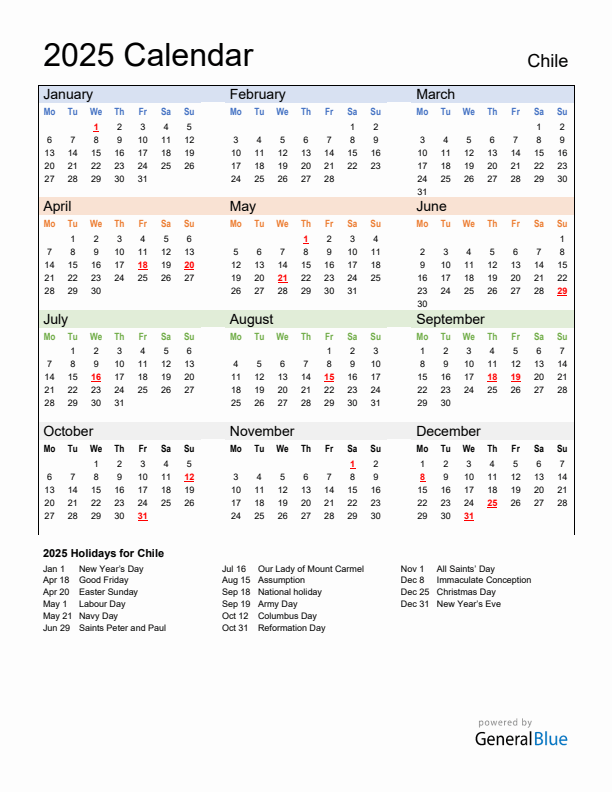 Calendar 2025 with Chile Holidays