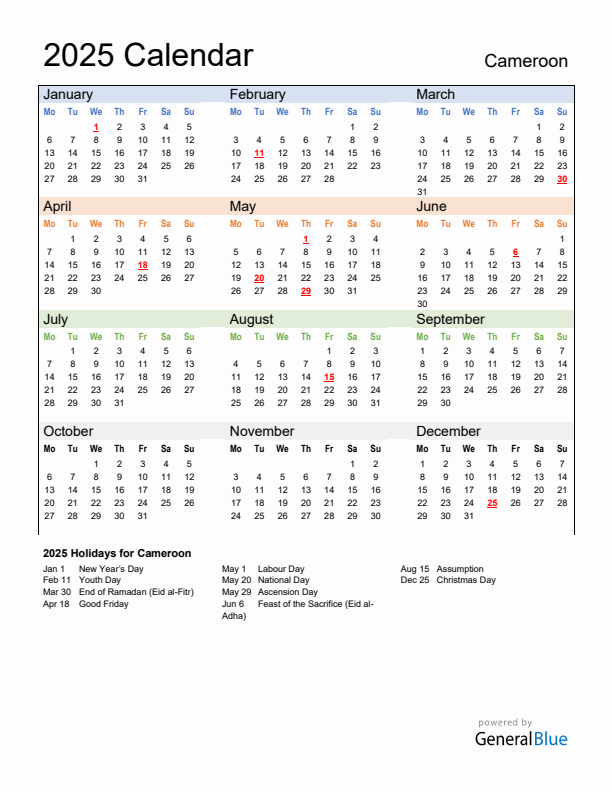 Calendar 2025 with Cameroon Holidays