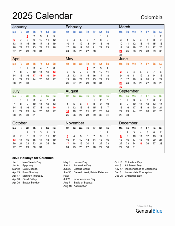 Calendar 2025 with Colombia Holidays