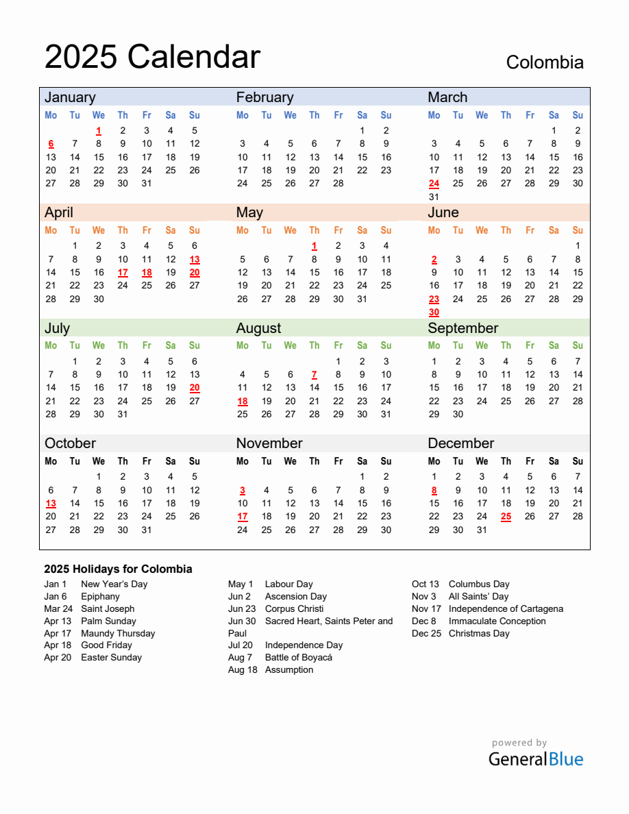 Annual Calendar 2025 with Colombia Holidays