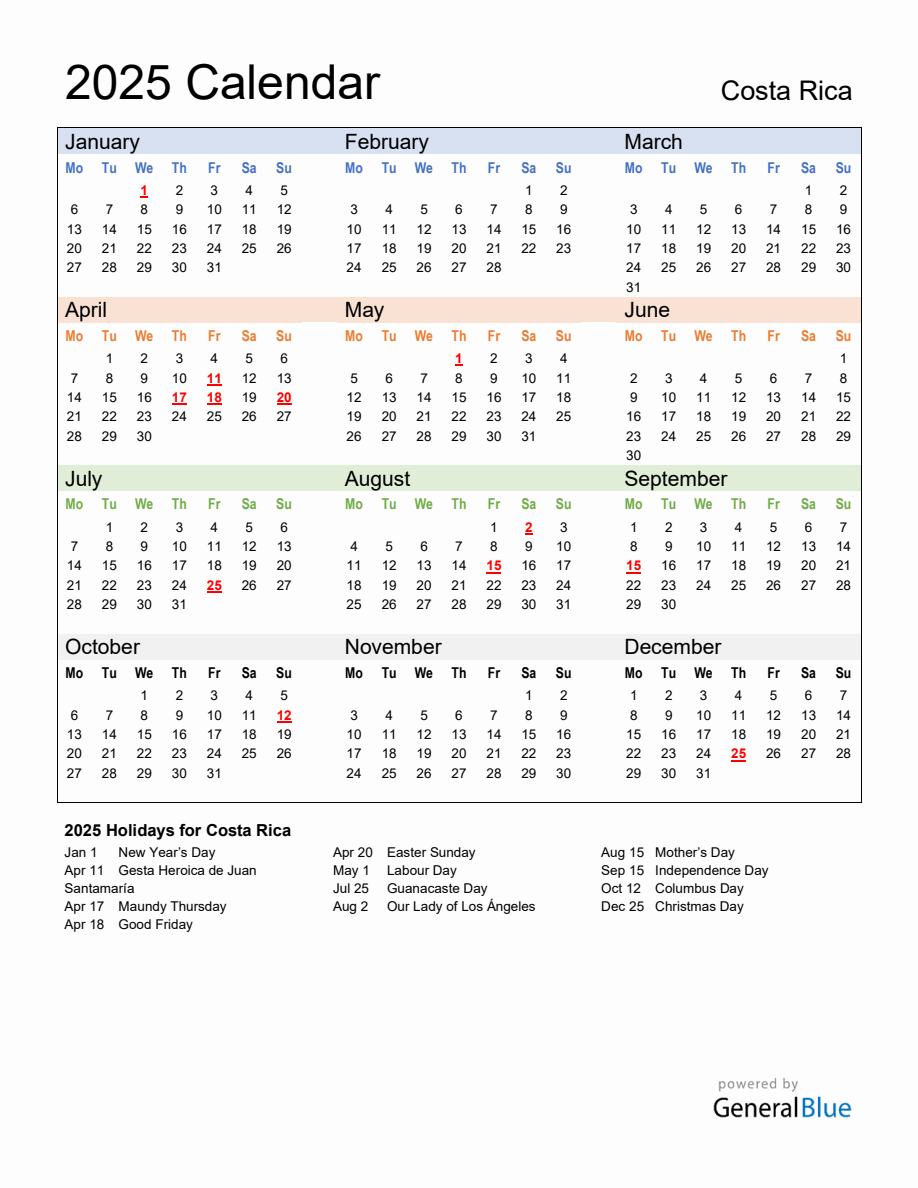 Annual Calendar 2025 with Costa Rica Holidays