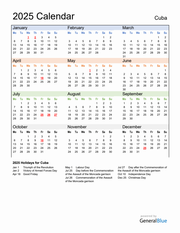 Calendar 2025 with Cuba Holidays