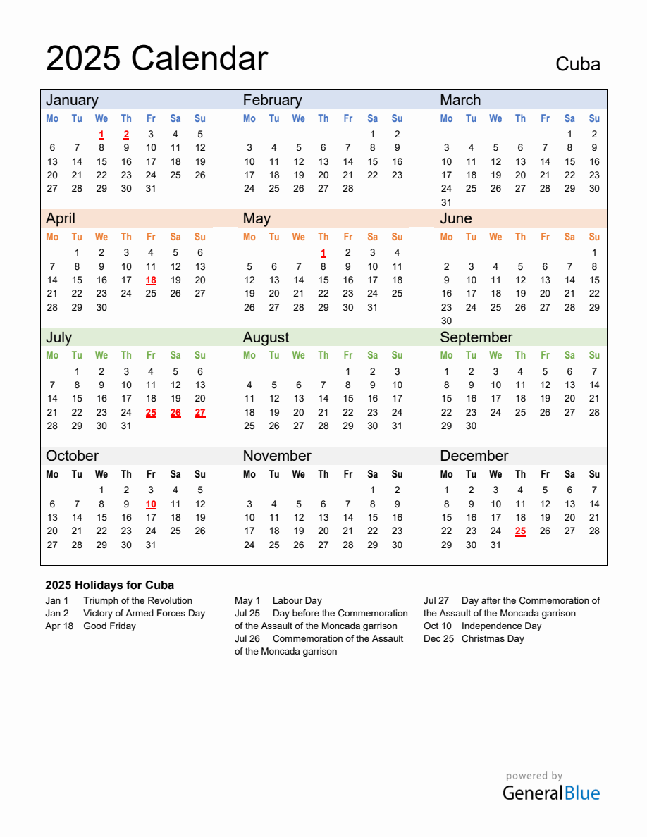 Annual Calendar 2025 with Cuba Holidays