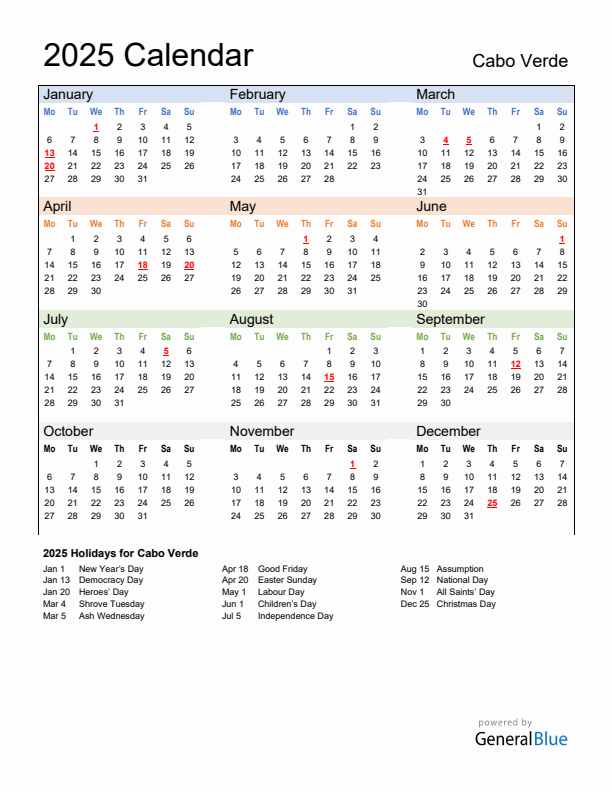 Calendar 2025 with Cabo Verde Holidays