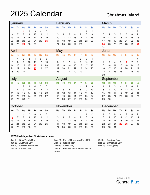 Calendar 2025 with Christmas Island Holidays