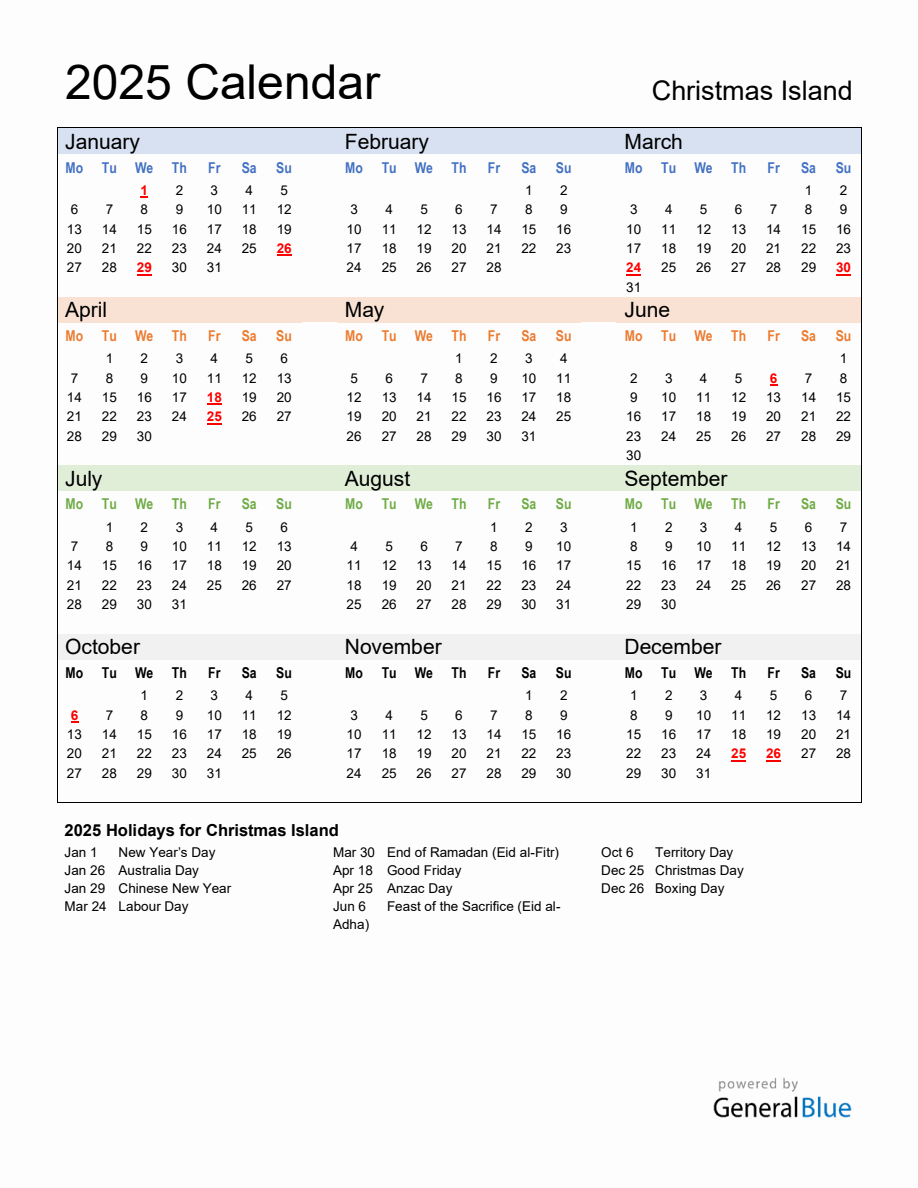 Annual Calendar 2025 with Christmas Island Holidays