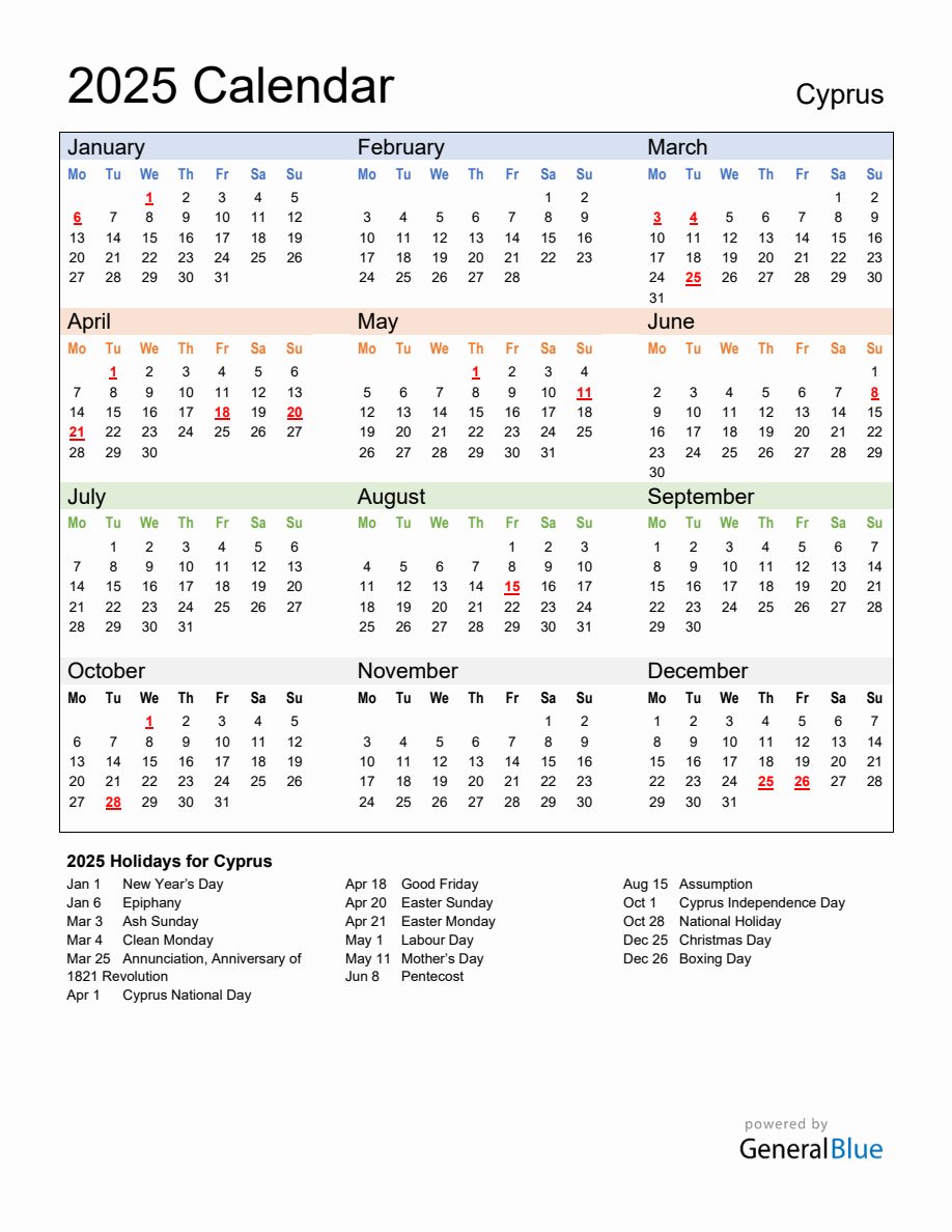 Annual Calendar 2025 with Cyprus Holidays