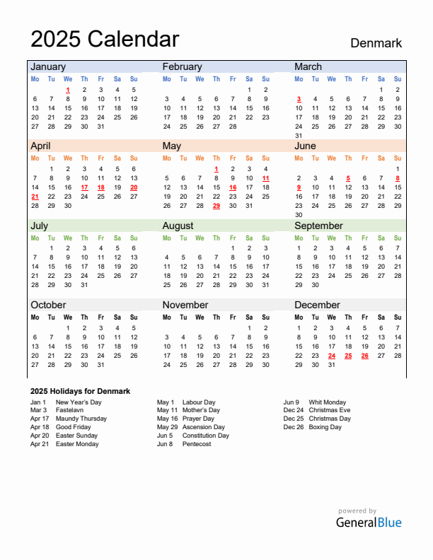 Calendar 2025 with Denmark Holidays