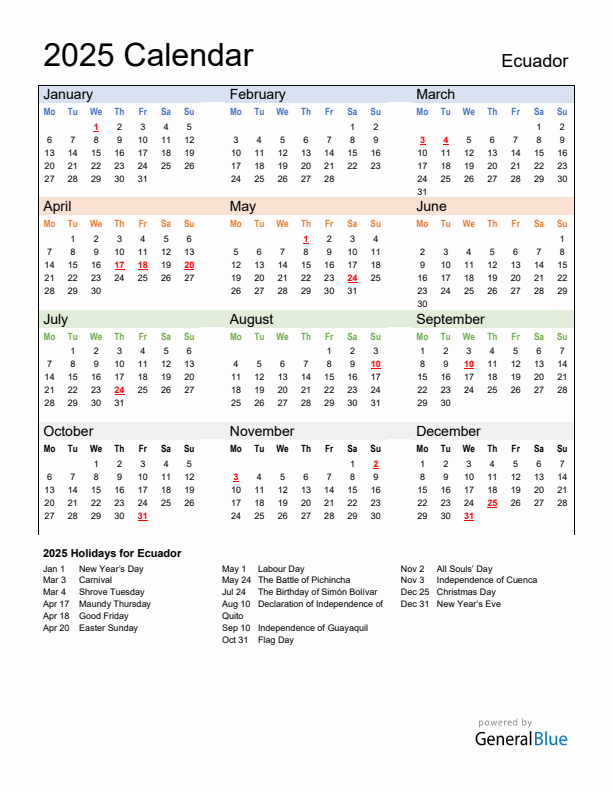 Annual Calendar 2025 with Ecuador Holidays