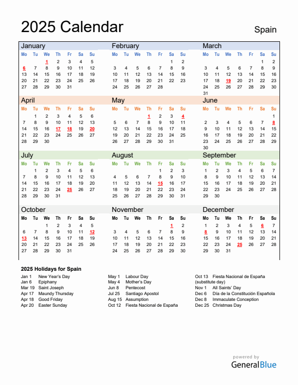 Calendar 2025 with Spain Holidays