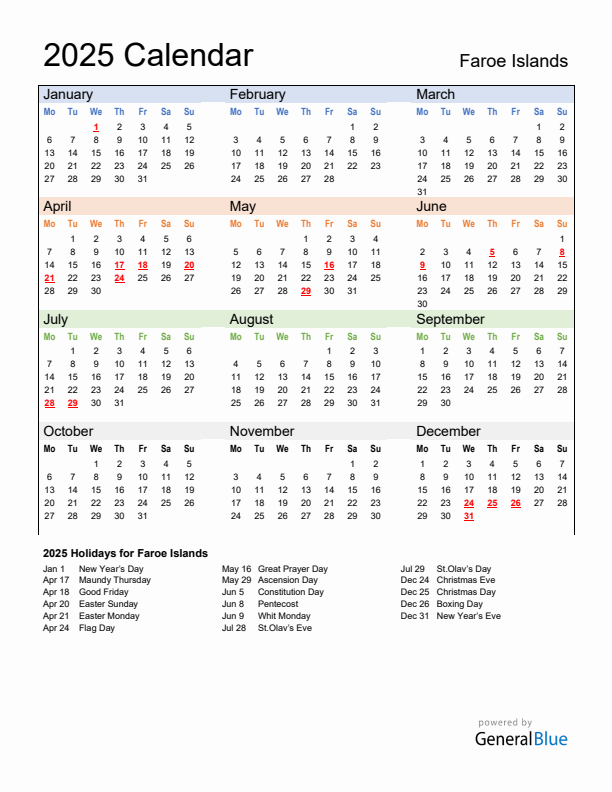 Calendar 2025 with Faroe Islands Holidays