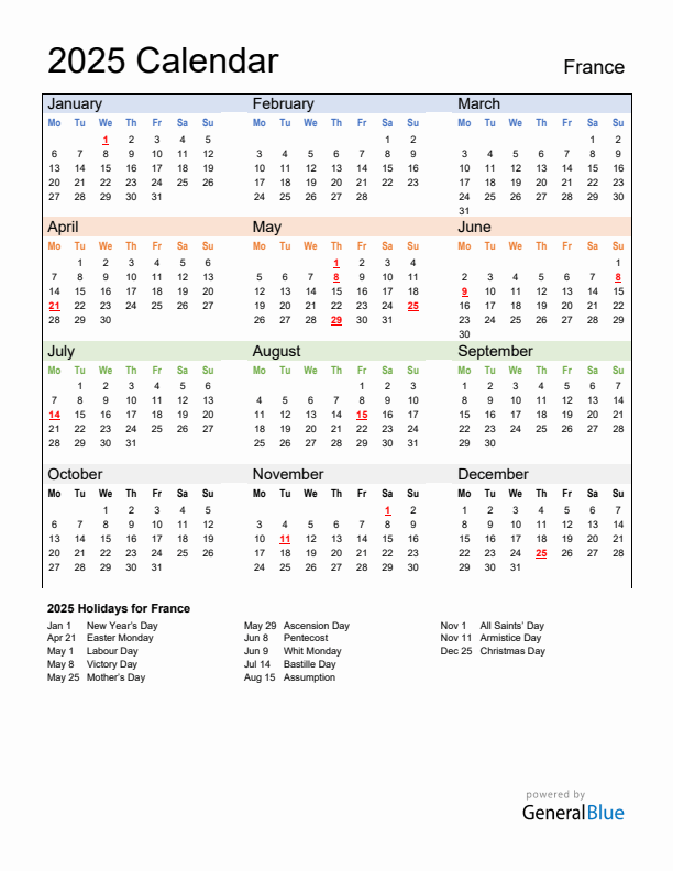 Calendar 2025 with France Holidays