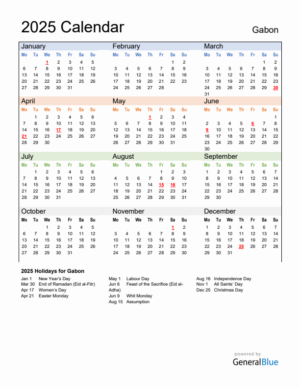 Calendar 2025 with Gabon Holidays