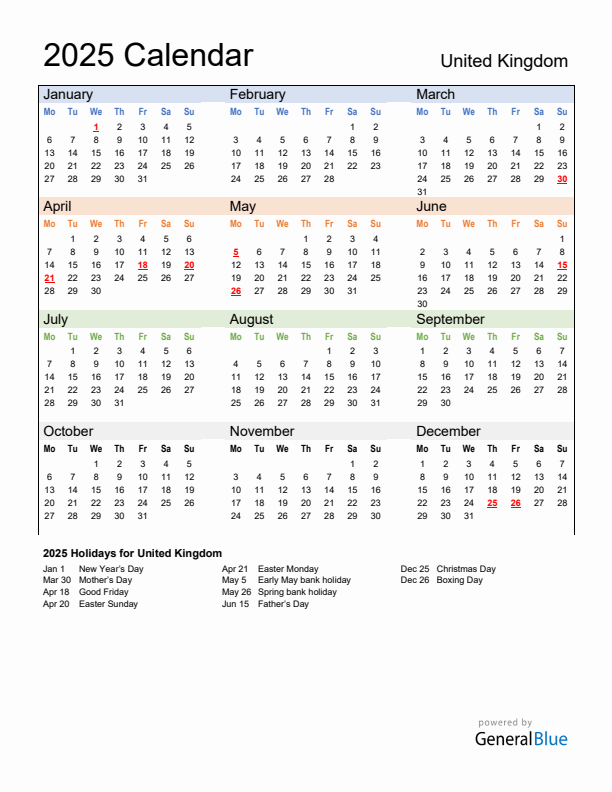 2025 United Kingdom Calendar with Holidays