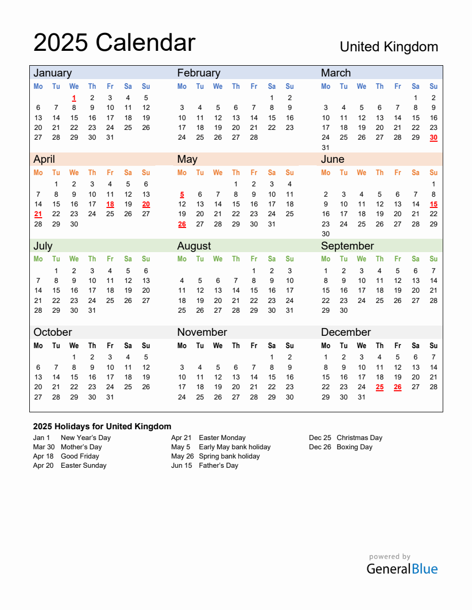 Annual Calendar 2025 with United Kingdom Holidays