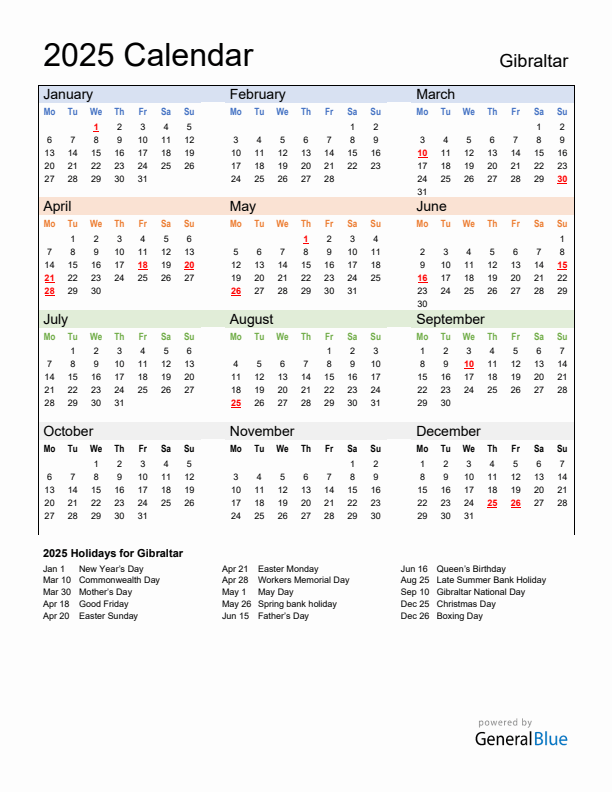 Calendar 2025 with Gibraltar Holidays