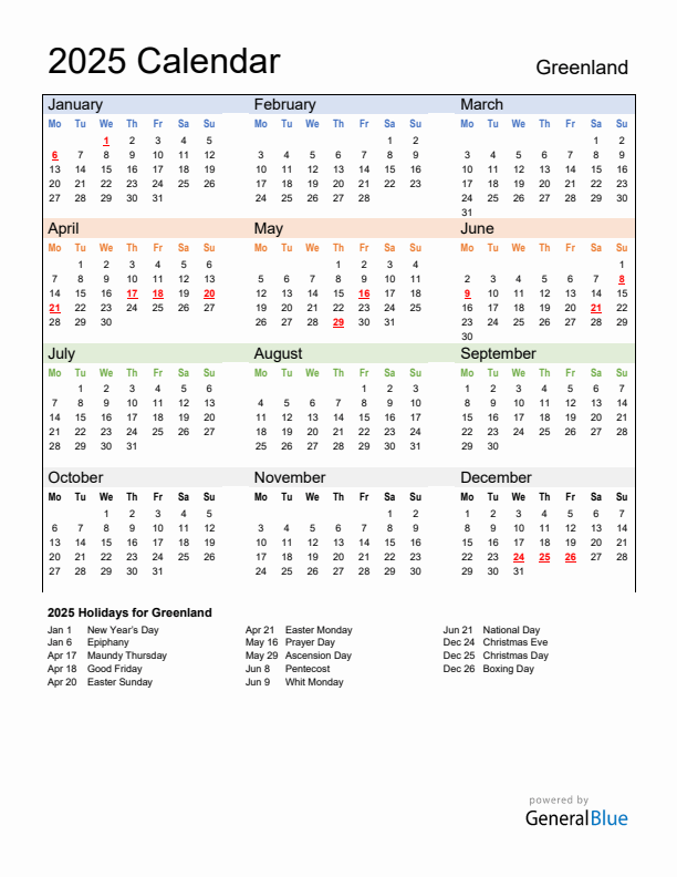 Calendar 2025 with Greenland Holidays