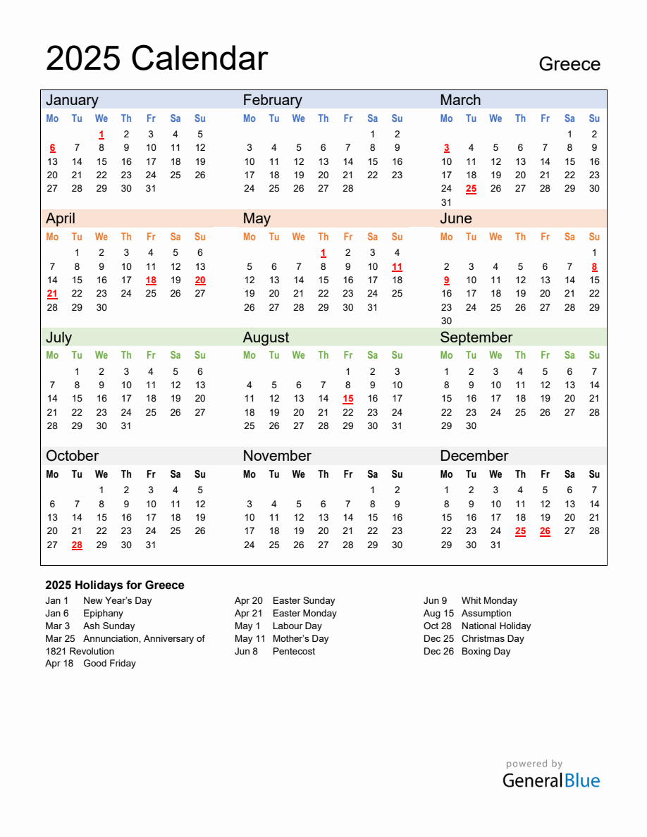 Annual Calendar 2025 with Greece Holidays