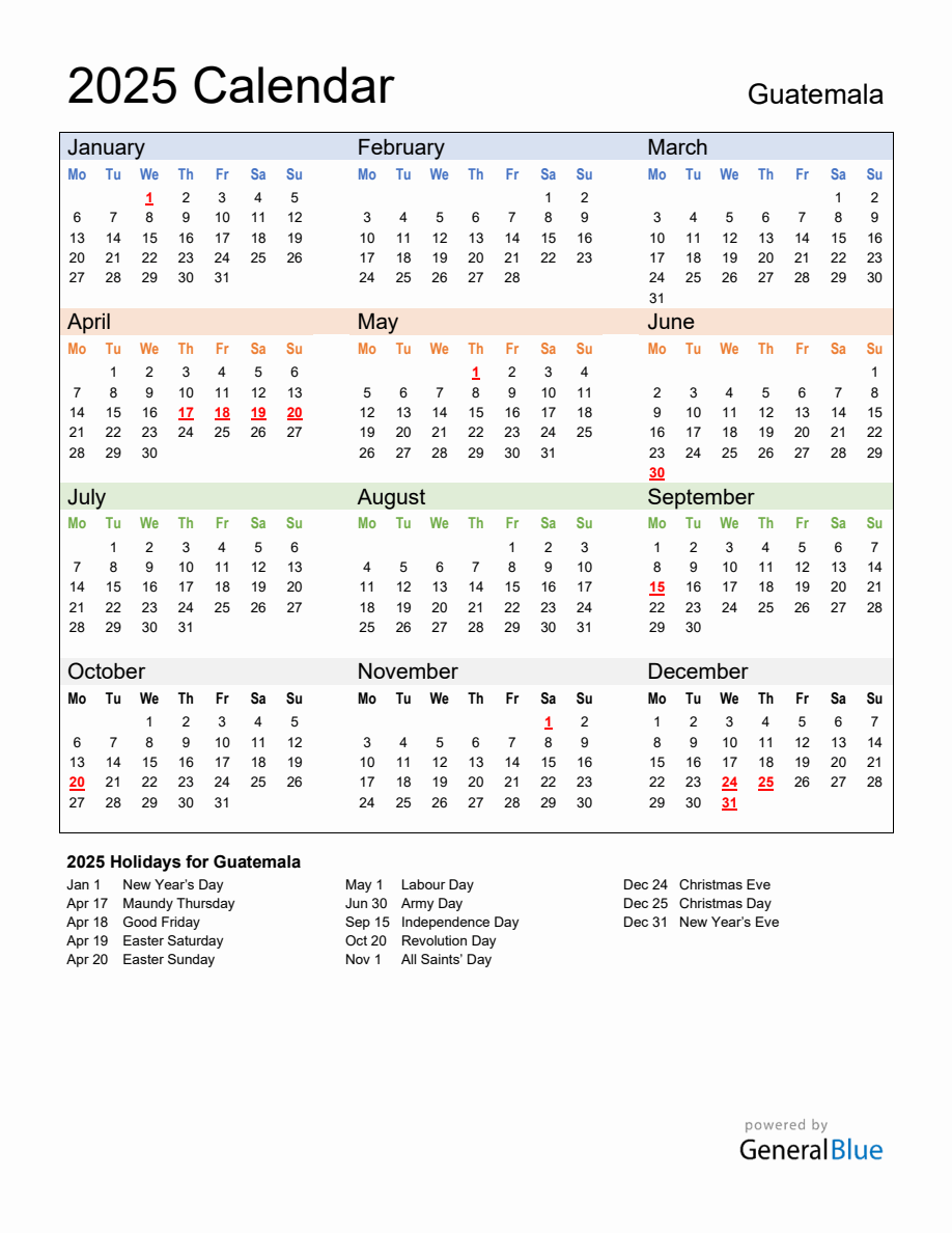 Annual Calendar 2025 with Guatemala Holidays