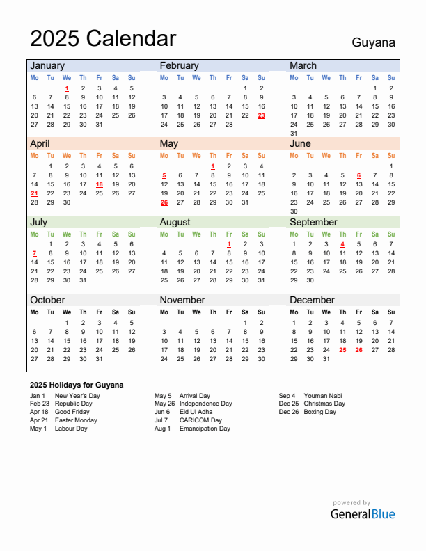 Calendar 2025 with Guyana Holidays