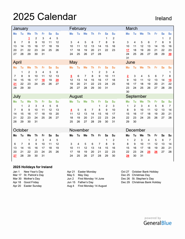Calendar 2025 with Ireland Holidays