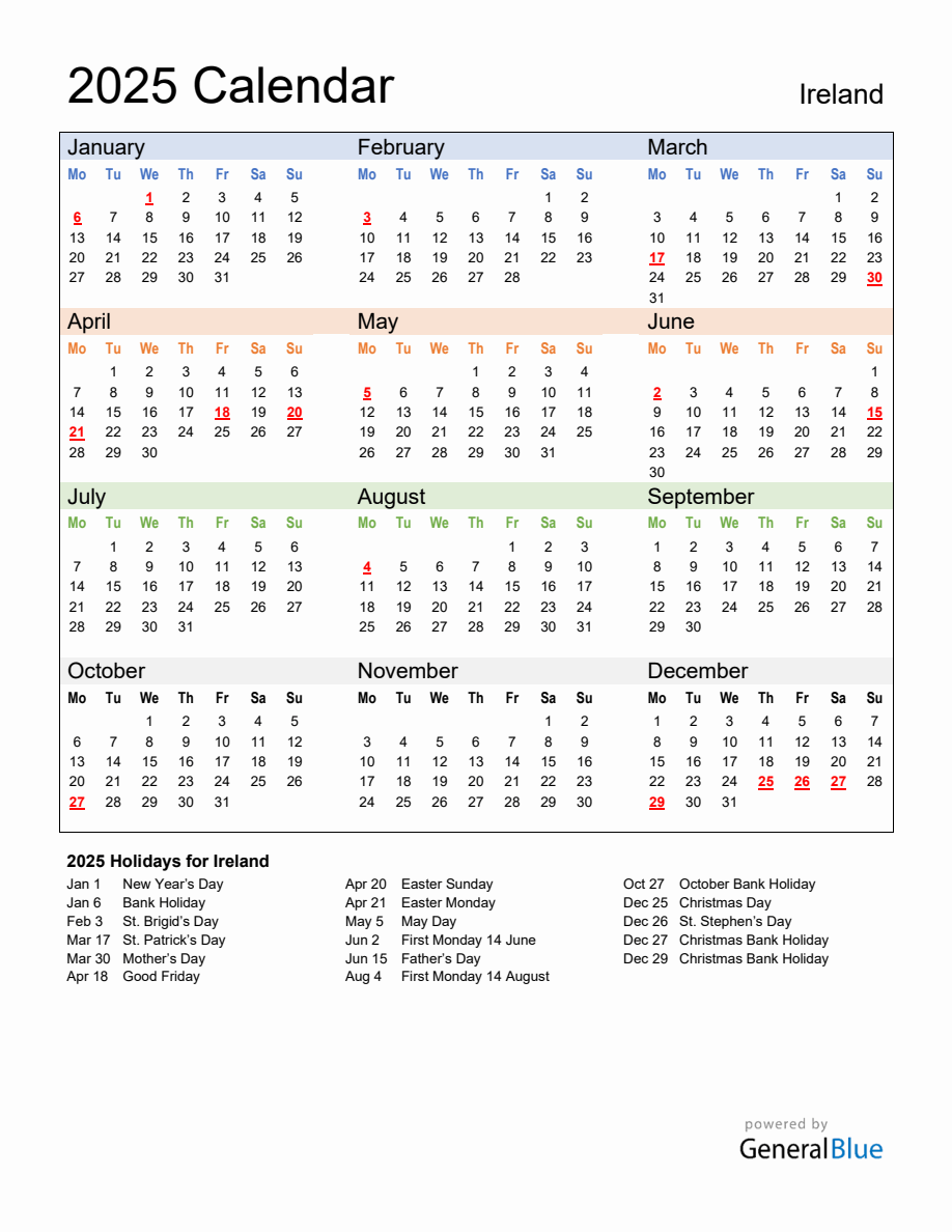 Annual Calendar 2025 with Ireland Holidays