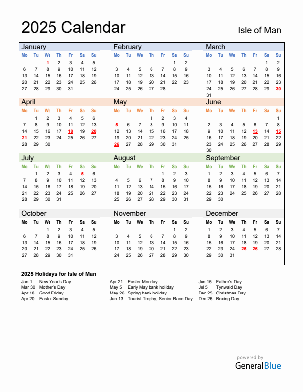 Calendar 2025 with Isle of Man Holidays