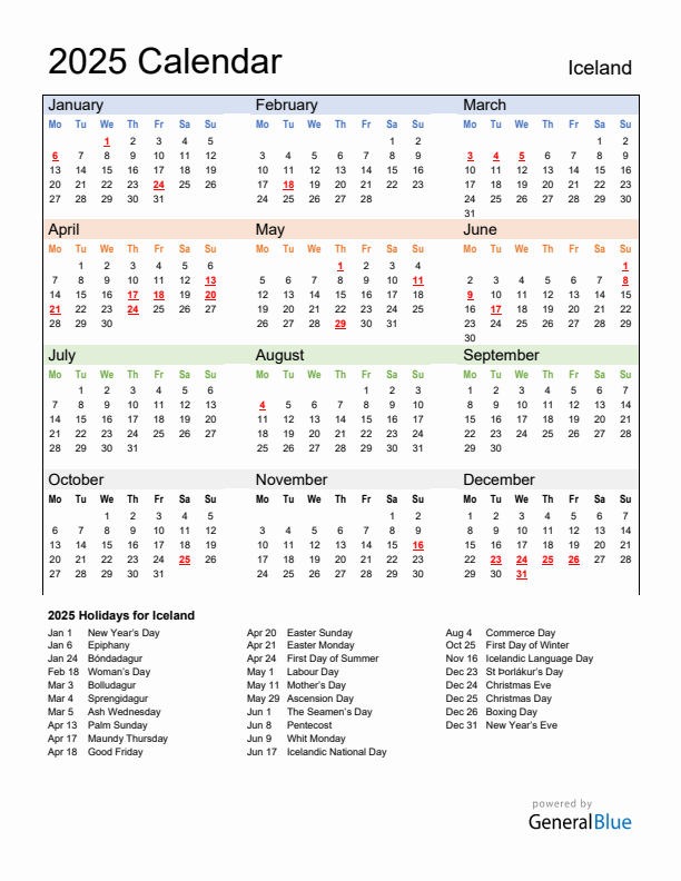 Annual Calendar 2025 with Iceland Holidays