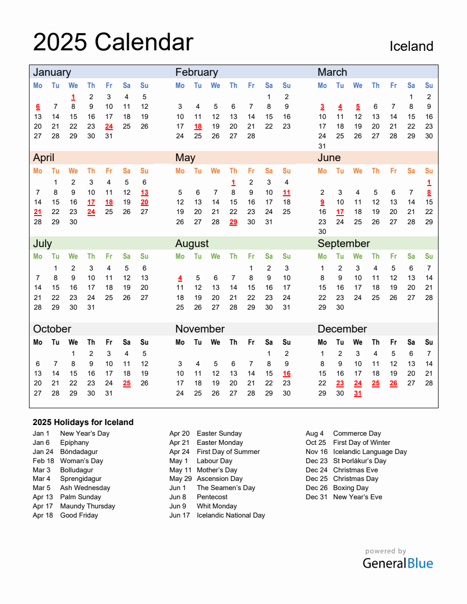 Annual Calendar 2025 with Iceland Holidays