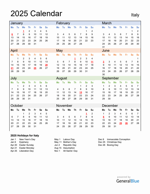 Annual Calendar 2025 with Italy Holidays