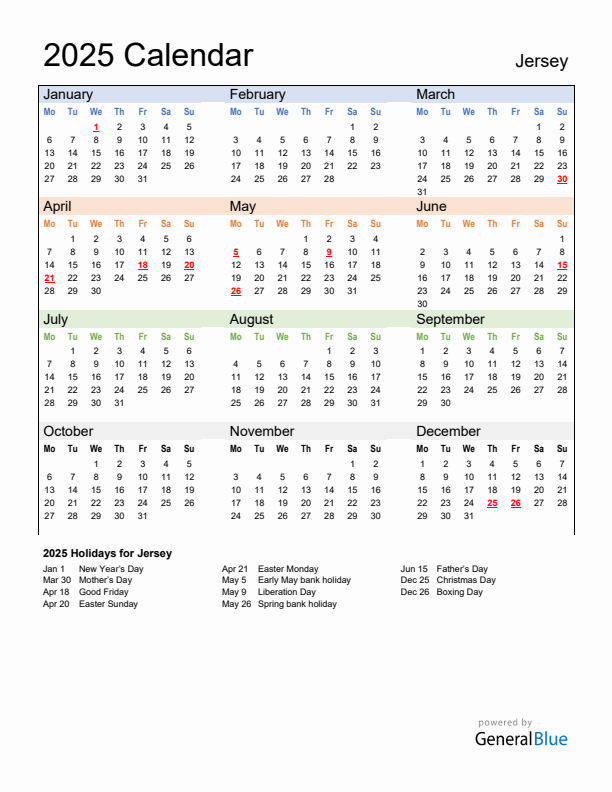 Calendar 2025 with Jersey Holidays