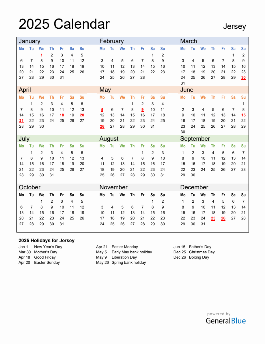 Annual Calendar 2025 with Jersey Holidays