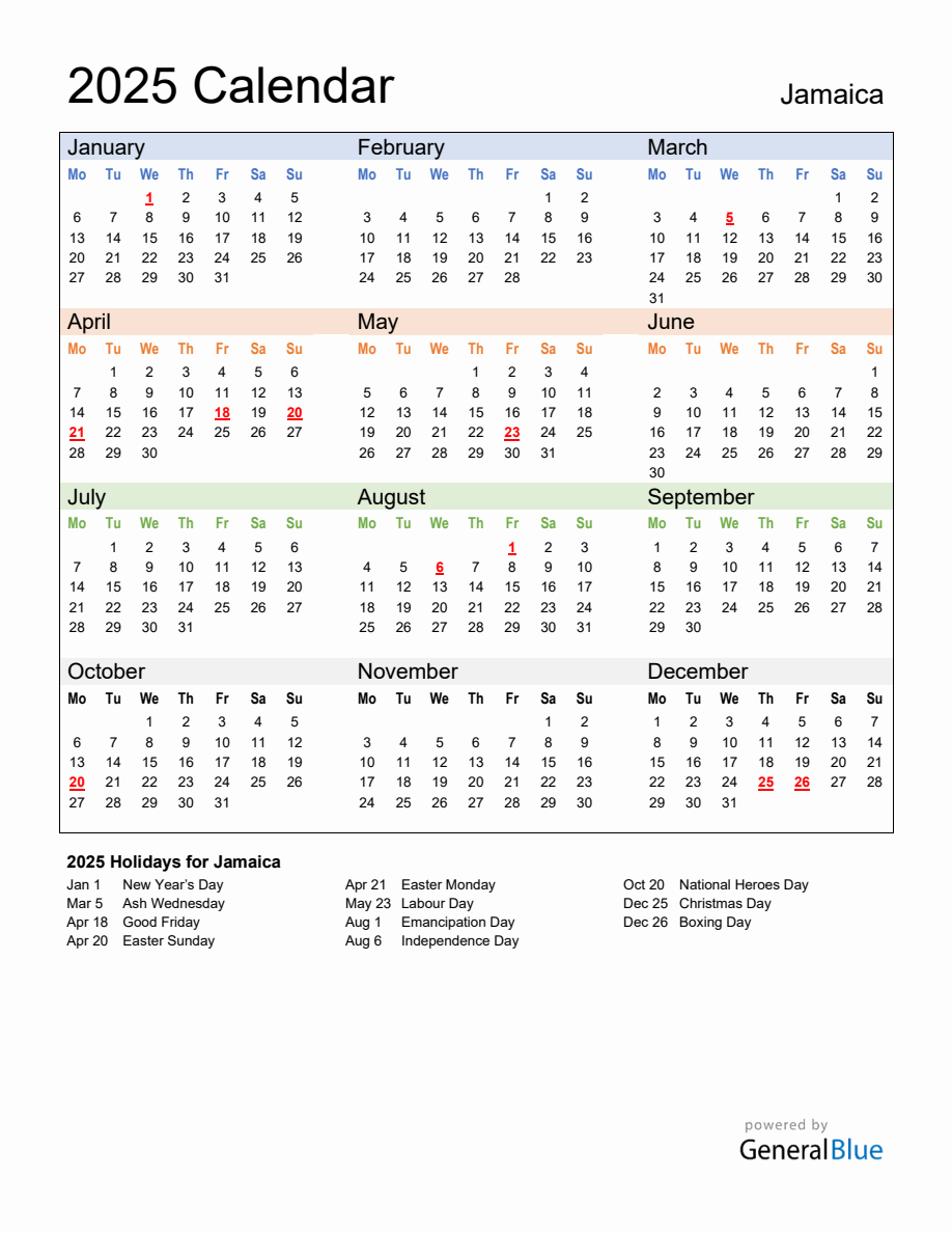 Annual Calendar 2025 with Jamaica Holidays