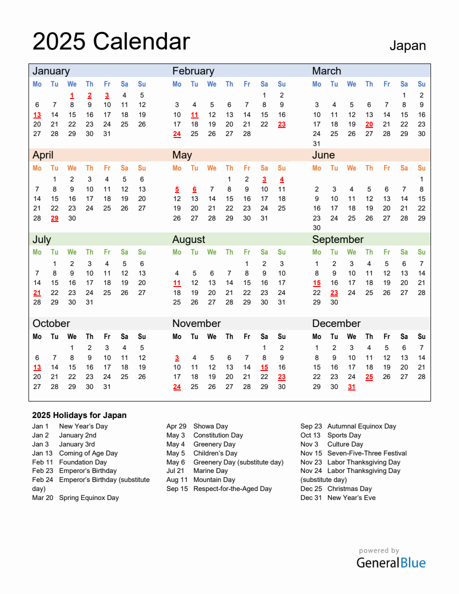 Annual Calendar 2025 with Japan Holidays