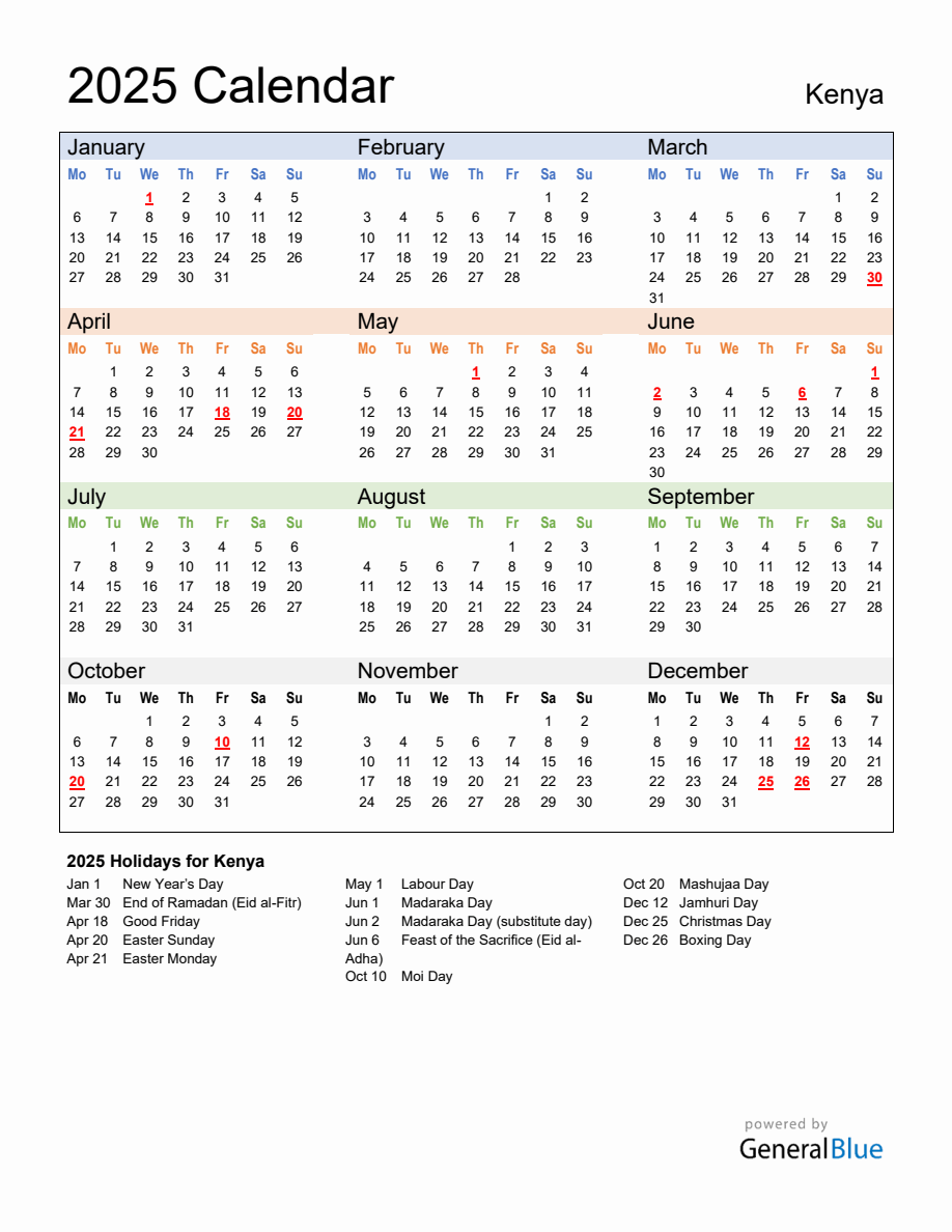 Annual Calendar 2025 with Kenya Holidays