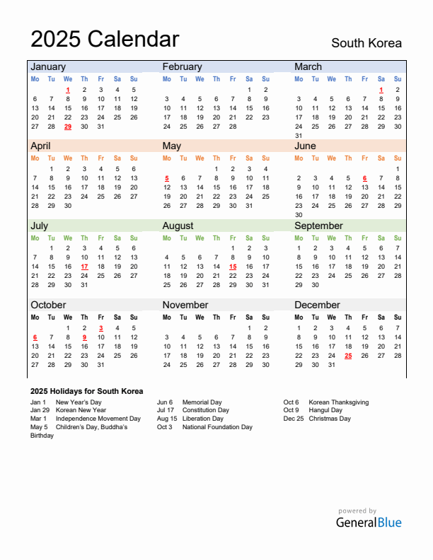 Annual Calendar 2025 with South Korea Holidays