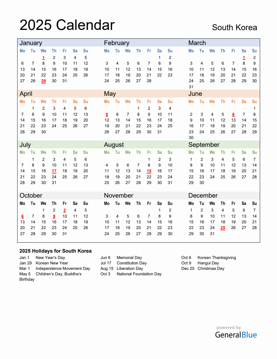 Annual Calendar 2025 with South Korea Holidays