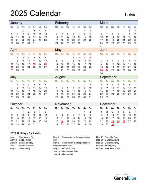 Calendar 2025 with Latvia Holidays