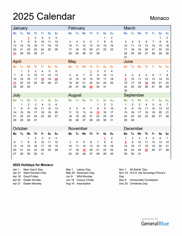 Calendar 2025 with Monaco Holidays