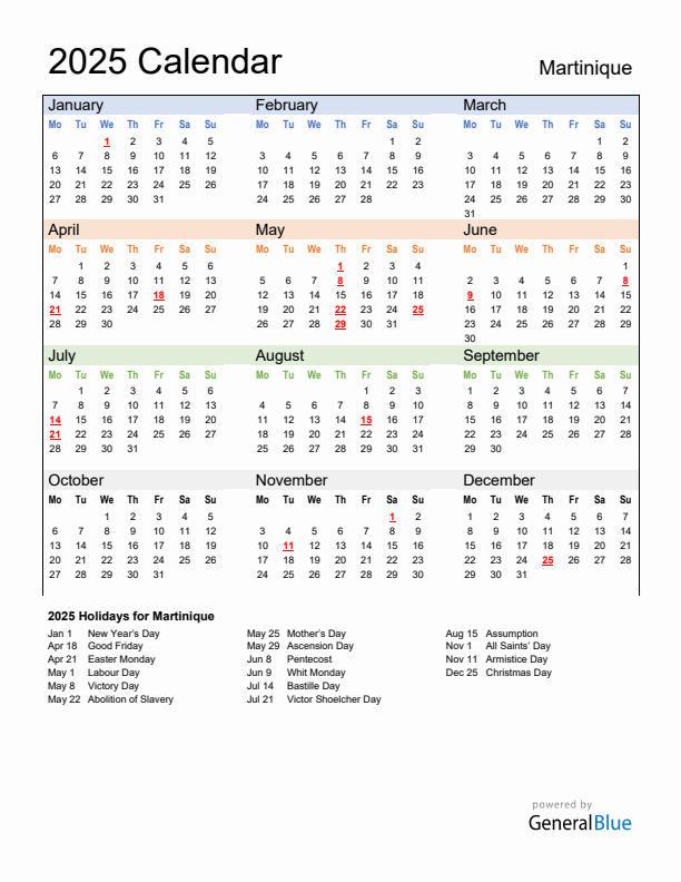 Calendar 2025 with Martinique Holidays