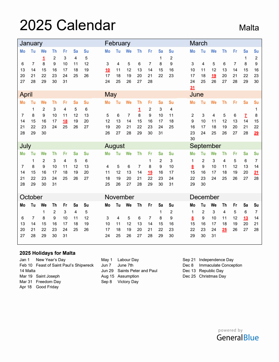 Annual Calendar 2025 with Malta Holidays