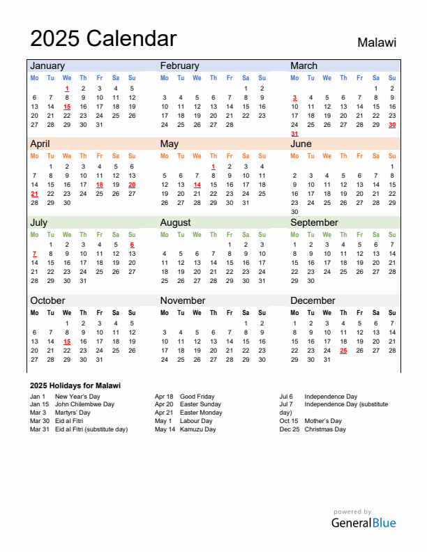 Calendar 2025 with Malawi Holidays