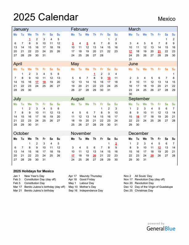 Annual Calendar 2025 with Mexico Holidays