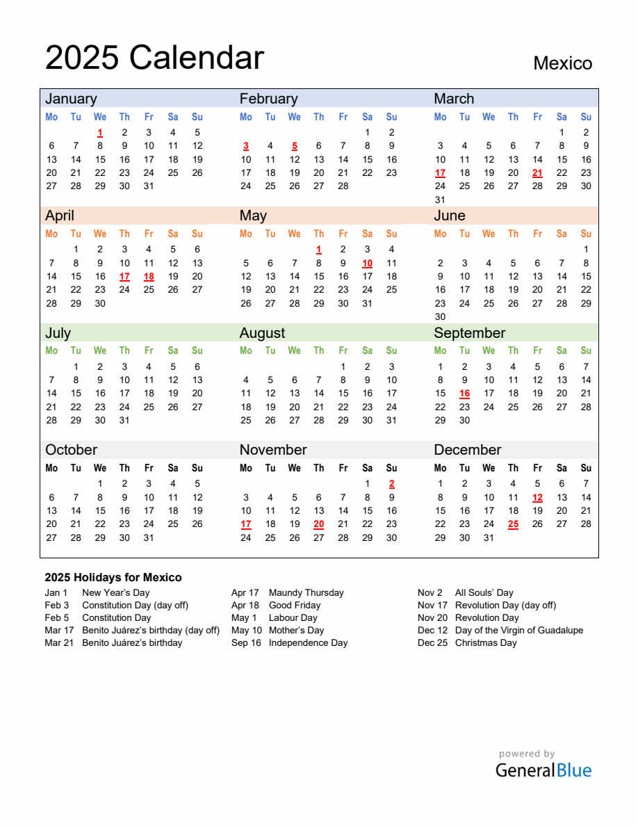 Annual Calendar 2025 with Mexico Holidays