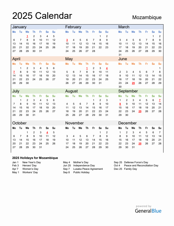 Calendar 2025 with Mozambique Holidays